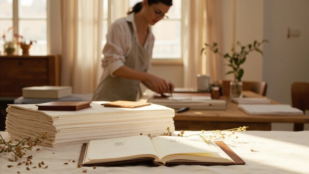 A morning inside Papyon's Karaköy atelier, with stacks of cotton paper and an open leather-bound notebook on an oak worktable.
