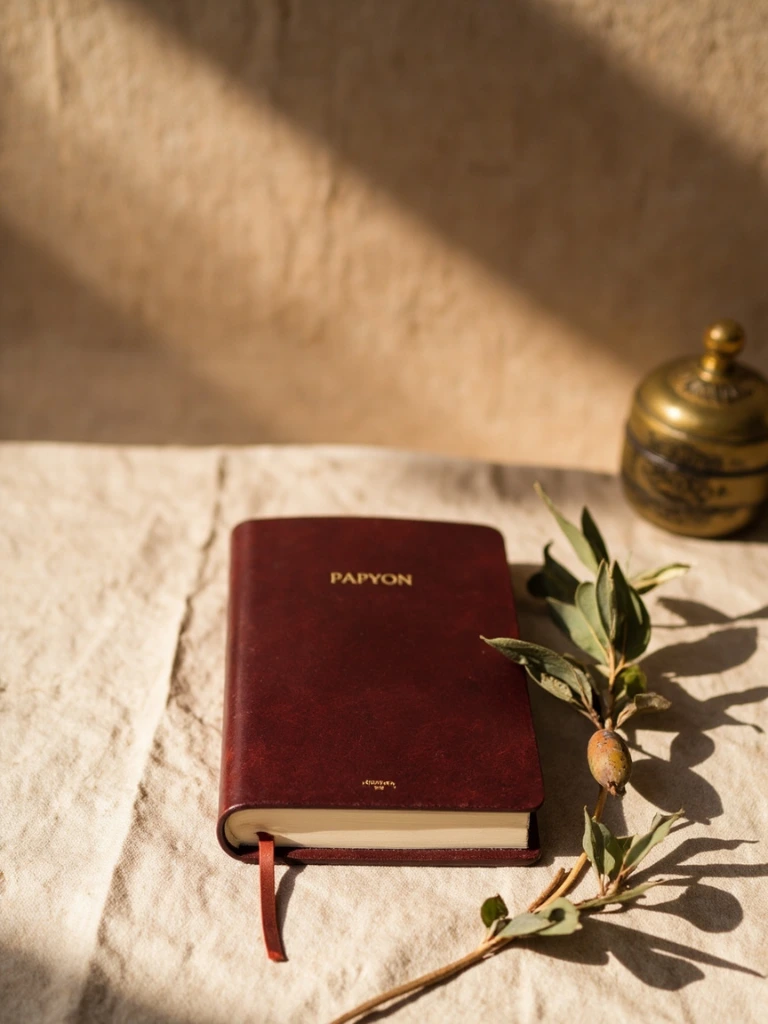 Lale leather notebook in oxblood, photographed on linen.