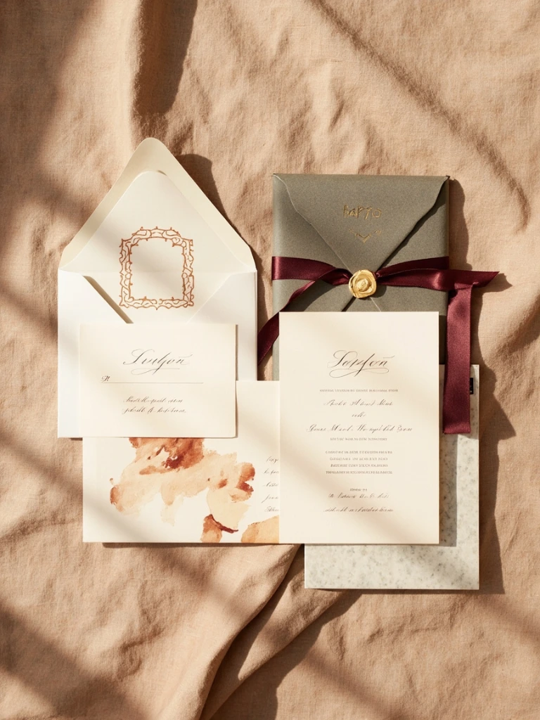 The Lale wedding invitation suite in terracotta and sage.