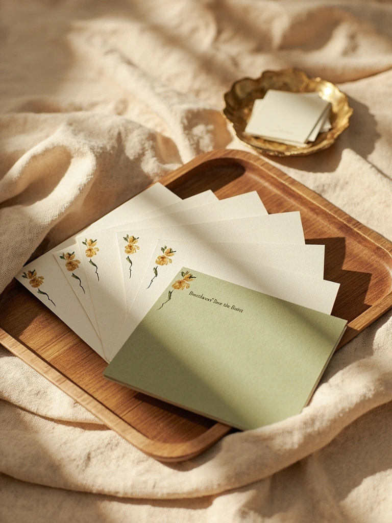 Folded thank-you cards in olive green with painted corners.