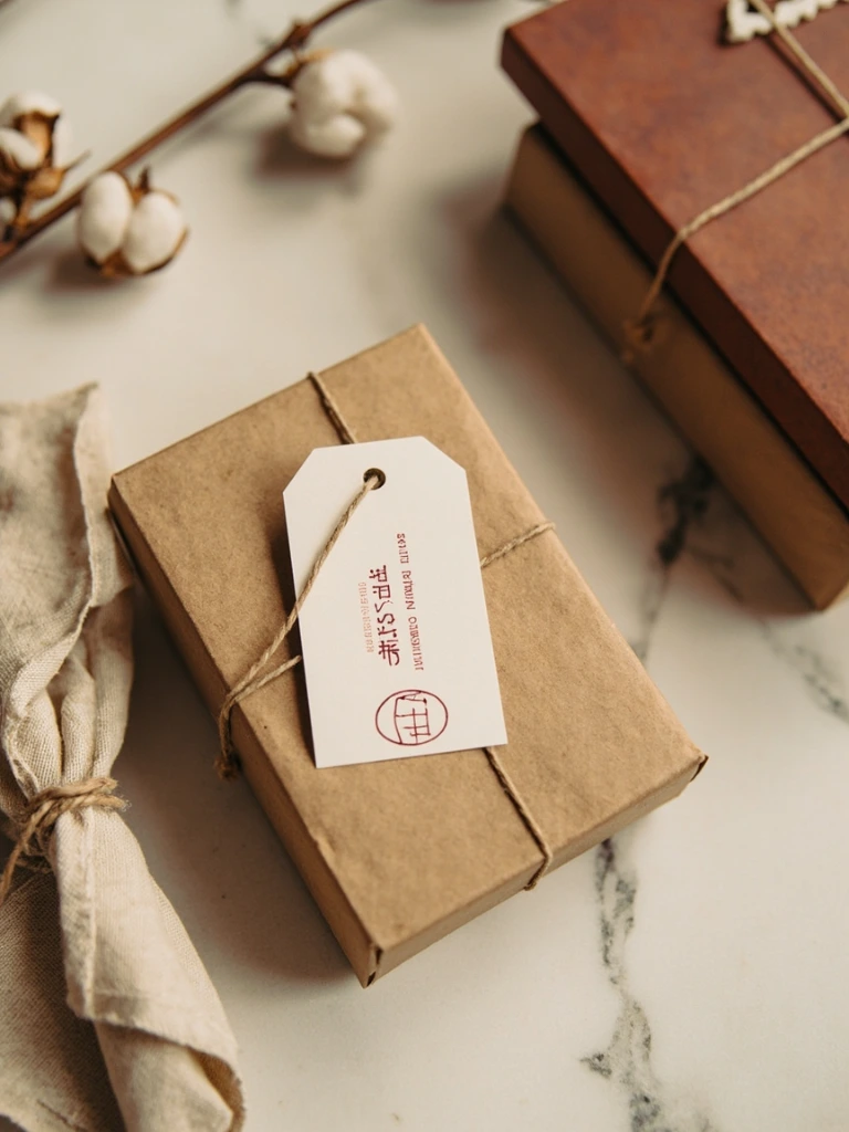 A kraft gift box with hand-stamped hangtag and dried cotton stems.