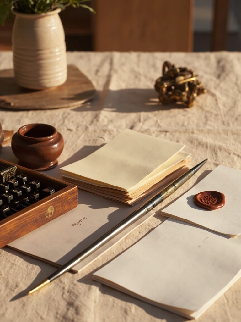 Calligrapher's tools: type tray, nibs, terracotta ink and wax seal.